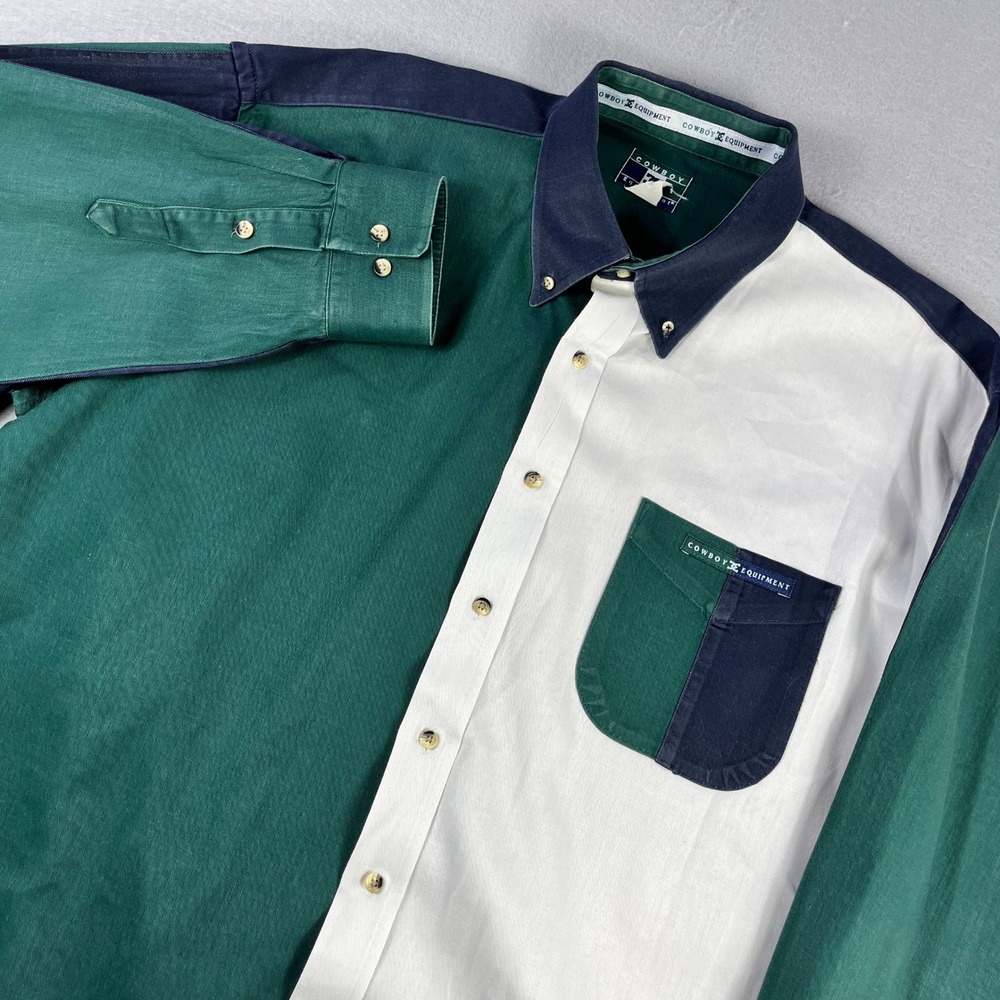 Cowboy Equipment Mens Colorblock Button Down Shirt Green White Navy XL Cotton